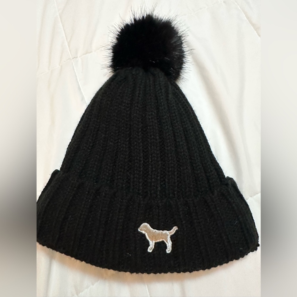 Victoria's Secret Black Knit Beanie with Pom-Pom
